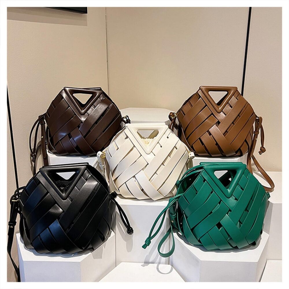 5830 Vegan Leather Clutch Purses Woven Bucket Crossbody Shoulder Bag - Picture 8 of 8